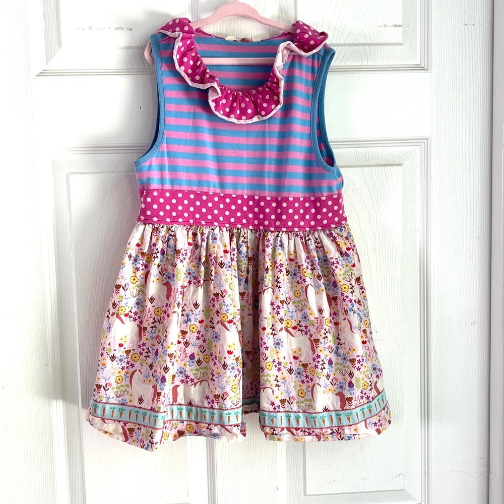 Matilda Jane Dress 12 Girls Striped Floral Unicorn Ruffle Blue Pink Whimsical